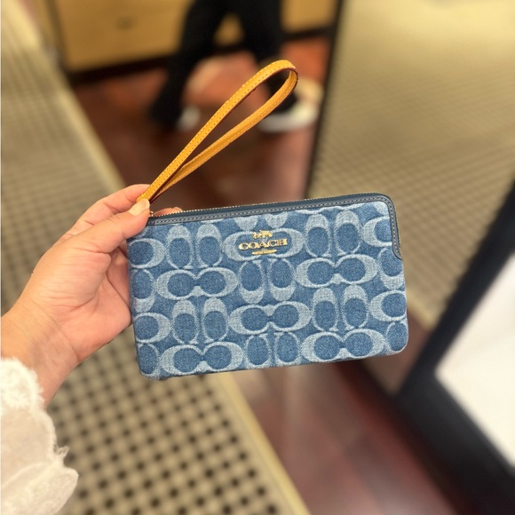 Coach Handbags - Coach Denim Blue Wristlet with Tan Leather Strap
